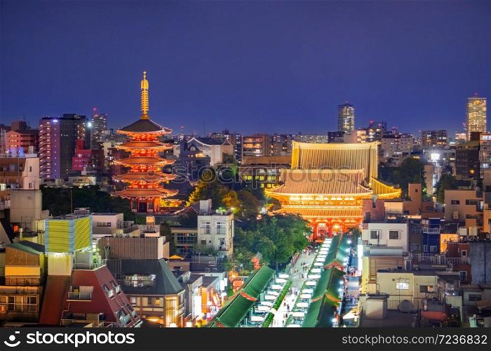Sensoji Temple from top view in the evening. The most famous temple located in Asakusa district, Tokyo, Japan. Sensoji Temple from top view in the evening.