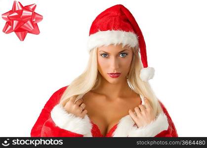 sensual and cute blond girl with in santa claus dress showing her red bra