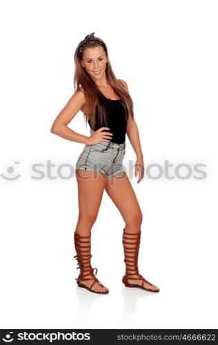 Sensual beautiful girl with jeans short isolated on a white background