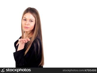 Sensual beautiful woman blowing a kiss isolated on a white background