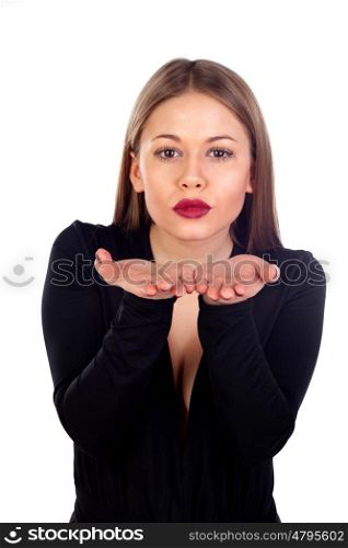 Sensual beautiful woman blowing a kiss isolated on a white background