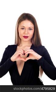 Sensual beautiful woman making a heart with her hands isolated on a white background