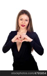 Sensual beautiful woman making a heart with her hands isolated on a white background