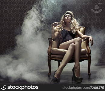 Sensual blond woman in the retro grunge place