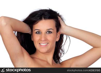 Sensual brunette girl showing her shoulders isolated on white background