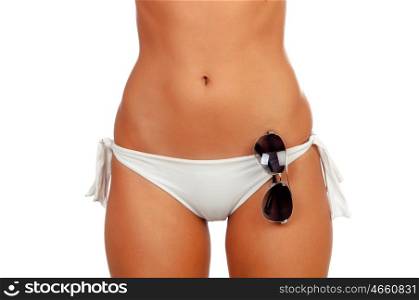 Sensual female body with bikini and sunglasses isolated on a white background