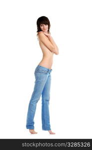 sensual girl isolated in jeans in the studio on white background