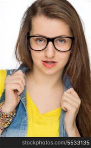 Sensual girl wearing geek glasses teenage fashion on white background