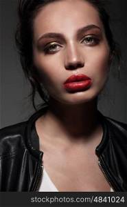 Sensual portrait of beautiful woman model lady with red lips and clean healthy skin face.&#xA;