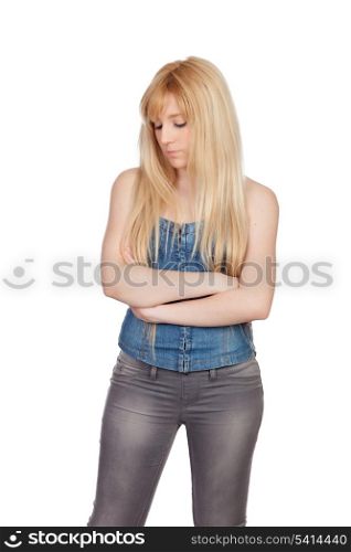 Sensual pose of an sad girl isolated on a over white background
