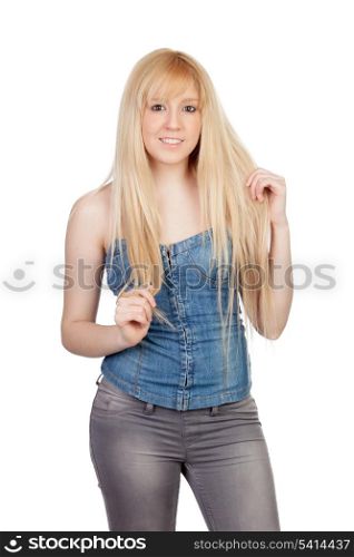 Sensual pose of an young girl with long hair isolated on a over white background