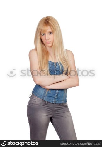Sensual pose of angry girl isolated on a over white background
