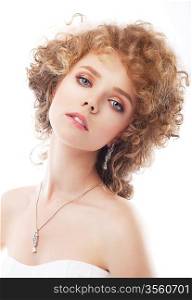 Sensual woman bride with shiny curly red hair and chic evening make-up. Health, beauty, wedding