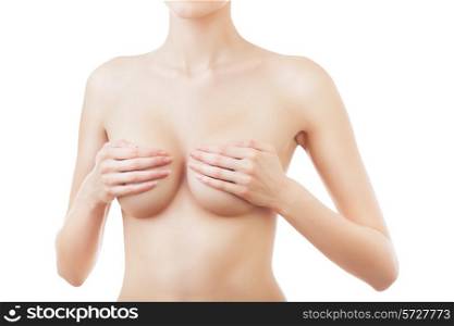 sensual woman with hands on breasts on white background