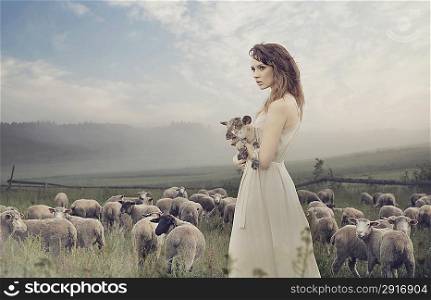 Sensual young lady among sheeps