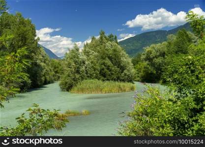 Sentiero della Valtellina, Lombardy, Italy  landscape along the cycleway at summer. Adda river