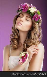 Sentiment. Imaginative Woman with Bouquet of Flowers Dreaming. Femininity