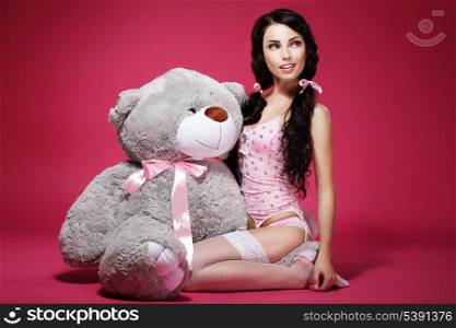 Sentiment. Valentine. Young Woman with Soft Toy Sitting. Sensuality