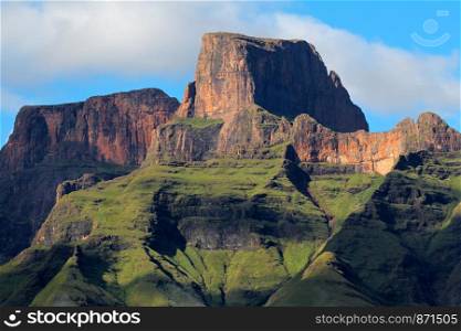 Sentinal peak in the amphiteater of the Drakensberg mountains, Royal Natal National Park, South Africa
