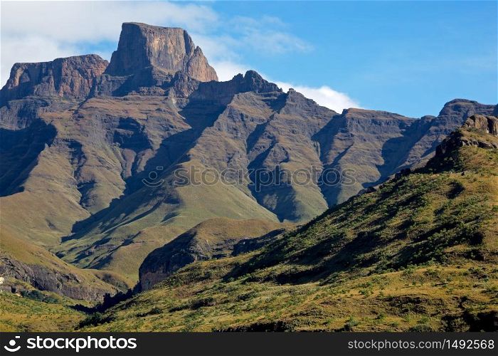 Sentinel peak in the amphitheater of the Drakensberg mountains, Royal Natal National Park, South Africa