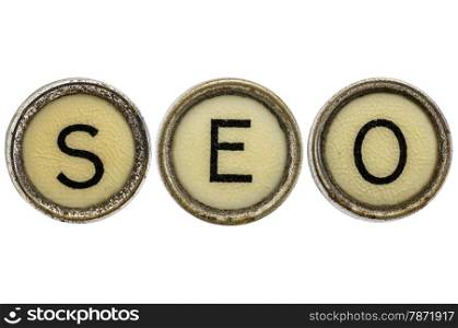 SEO acronym (search engine optimization) in old round typewriter keys isolated on white