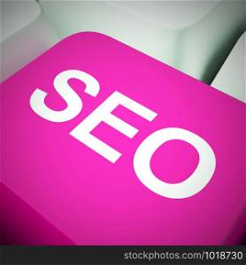 SEO concept icon means search engine optimisation for website traffic. Online promotion for ranking and improved sales - 3d illustration. SEO Computer Key In Blue Showing Internet Marketing And Optimization