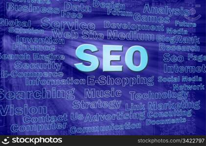 SEO concept in blue virtual space with internet related words