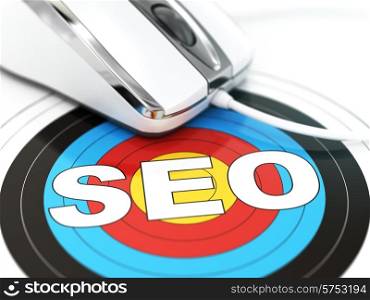 SEO concept. Mouse on the target with text. DOF effect. 3d