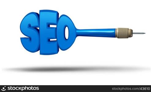 SEO marketing concept as a dart shaped as letters as a symbol for search engine optimization as an internet technology metaphor for hitting the target of online websites as a 3D illustration.