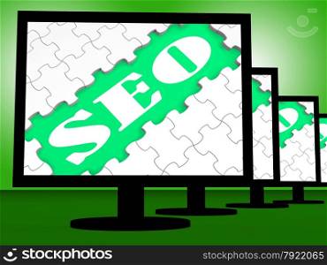 Seo On Monitors Showing Websites Search Engine Optimization Online