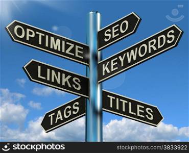 Seo Optimize Keywords Links Signpost Showing Website Marketing Optimization