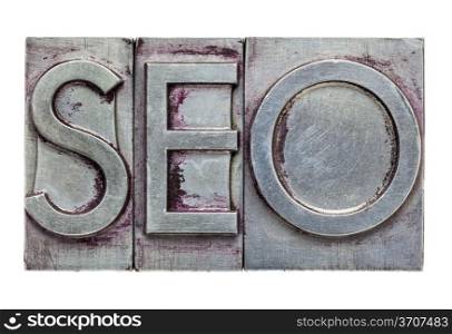 SEO (search engine optimization) acronym - isolated text in vintage letterpress metal type