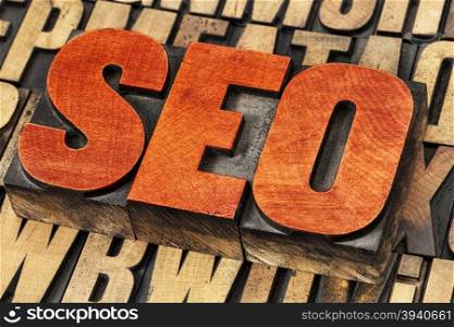 SEO (search engine optimization) acronym - word abstract in vintage letterpress wood type stained by red ink