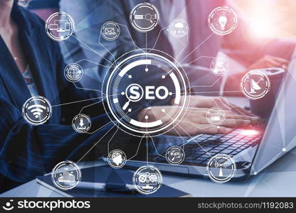 SEO - Search Engine Optimization for Online Marketing Concept. Modern graphic interface showing symbol of keyword research website promotion by optimize customer searching and analyze market strategy.