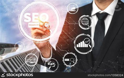 SEO - Search Engine Optimization for Online Marketing Concept. Modern graphic interface showing symbol of keyword research website promotion by optimize customer searching and analyze market strategy.