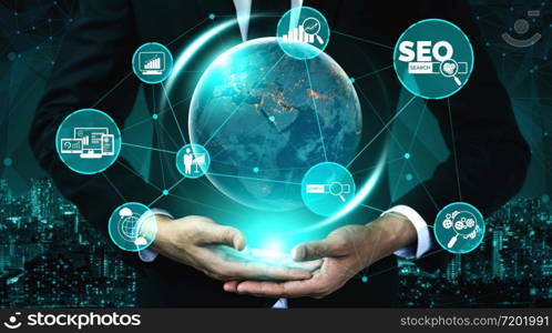 SEO - Search Engine Optimization for Online Marketing Concept. Modern graphic interface showing symbol of keyword research website promotion by optimize customer searching and analyze market strategy.