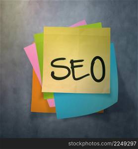 ""seo" text on sticky note paper on wall texture"