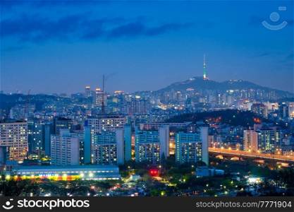 Seoul night cityscape with Namsan Tower. Seoul, South Korea. Seoul night view, South Korea