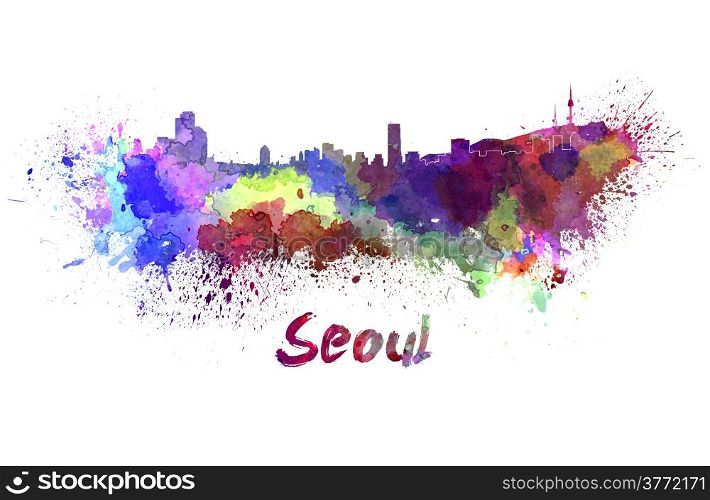 Seoul skyline in watercolor splatters with clipping path. Seoul skyline in watercolor