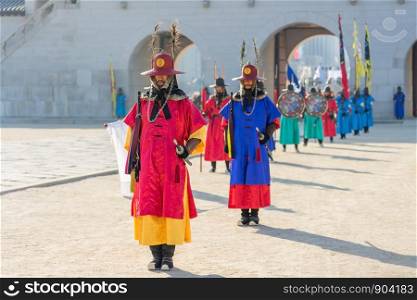 SEOUL, SOUTH KOREA - DECEMBER 31, 2018: Royal Guard Changing Ceremony at Gyeongbokgung Palace. Gyeongbokgung Palace was the main royal palace of the Joseon dynasty. Built in 1395.