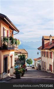 SEP 25, 2013 Montreux, Switzerland - Small street and old buildings of Chexbres village in Lavaux near Vevey and Montreux, Famous vineyard and winery destination