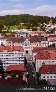 SEP 26, 2013 Neuchatel, Switzerland - Colourful old vintage building aerial view of La Chaux de Fonds city, the most important centre of the Swiss watch making industry