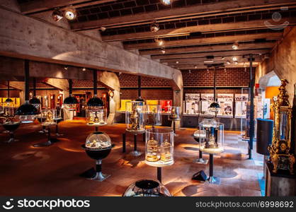 SEP 26, 2013 Neuchatel, Switzerland - old vintage antique clocks and watches exhibit at International Clock-Making Museum of La Chaux de Fonds , the most important centre of the Swiss watch making industry