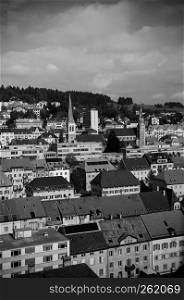 SEP 26, 2013 Neuchatel, Switzerland - old vintage building aerial view of La Chaux de Fonds city, the most important centre of the Swiss watch making industry