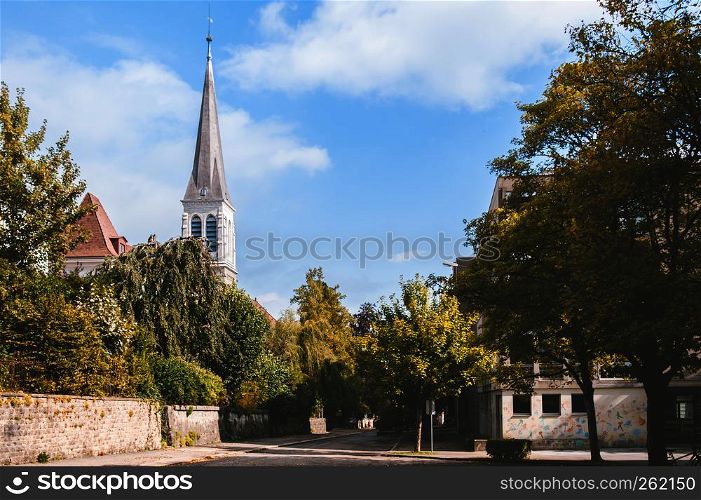 SEP 26, 2103 Neuchatel, Switzerland - Old vintage Bell tower of Church TempleGuillaume Farel in La Chaux de Fonds, the most important centre of the Swiss watch making industry