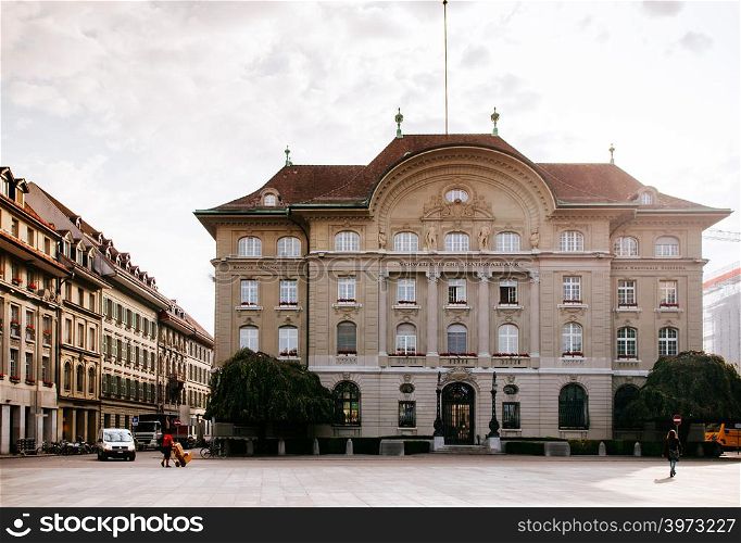 SEP 28, 2013 Bern, Switzerland - Swiss national bank building with beautiful facade at Bundesplatz in old town Bern.