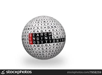 SEP Search Engine Positioning text written on cubes on 3d sphere