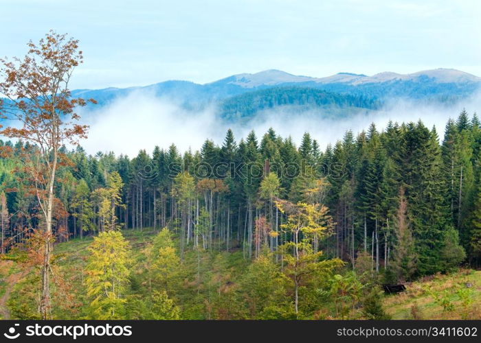 September Carpathian mountain hill and cloudy morning view behind.