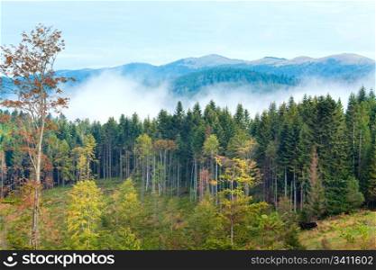 September Carpathian mountain hill and cloudy morning view behind.