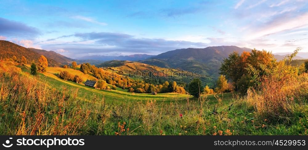 September rural scene in mountains. Autumn Carpathian panorama